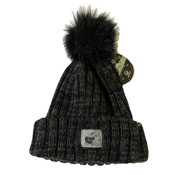 NCAA Kansas Jayhawks Pom Pom Knit Beanie Gray Black Cuffed Hat Womens New - Picture 1 of 5